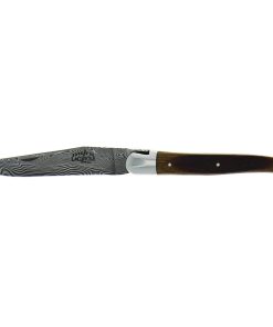 Couteau pliant ciselé main brillant en chêne de barrique, lame damas inox et double platines
